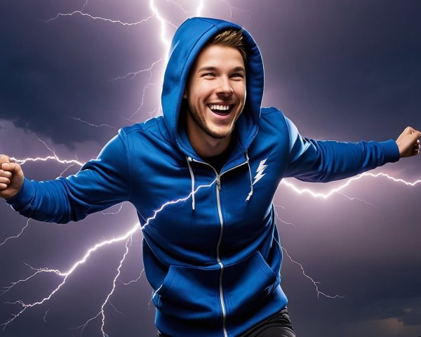 Young man in blue hoodie poses with stormy backdrop