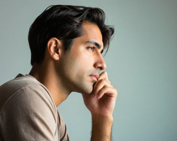 Young man in thoughtful pose with muted background