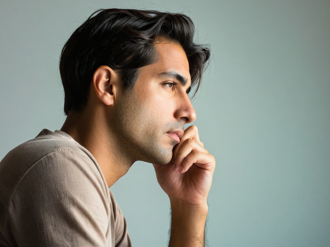 Young man in thoughtful pose with muted background