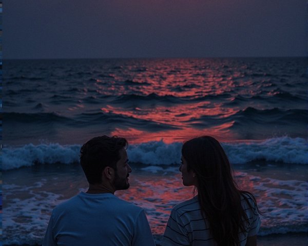 Couple on Beach Under Full Moonlight at Twilight