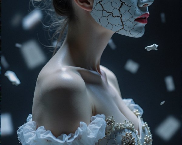 Woman in ornate pearl gown with porcelain-like face