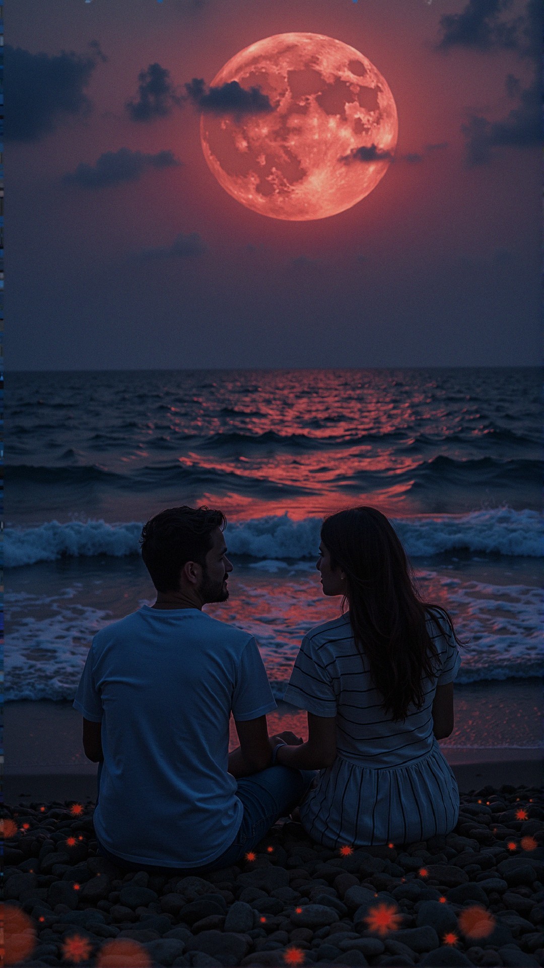 Couple on Beach Under Full Moonlight at Twilight