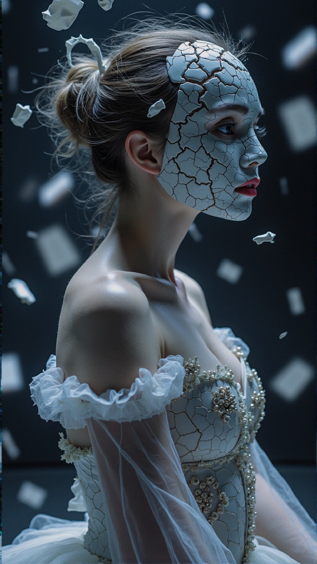 Woman in ornate pearl gown with porcelain-like face