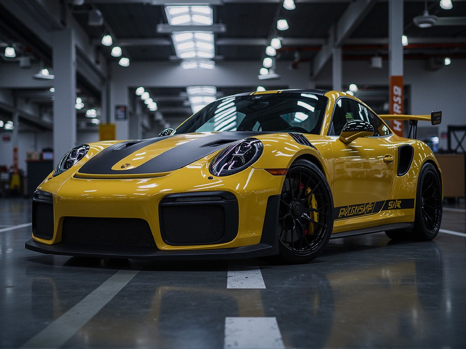 Yellow Sports Car in Indoor Garage with Aerodynamic Features