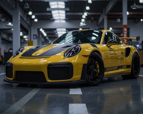 Yellow Sports Car in Indoor Garage with Aerodynamic Features