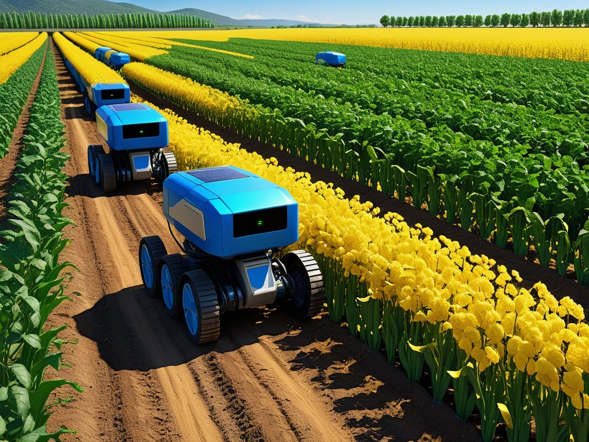 Futuristic Agricultural Landscape with Robotic Vehicles