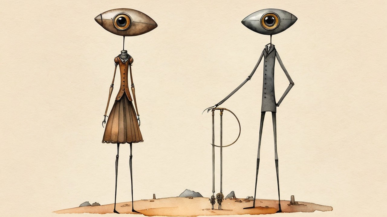 Whimsical Characters with Oversized Eyes in Minimalist Scene