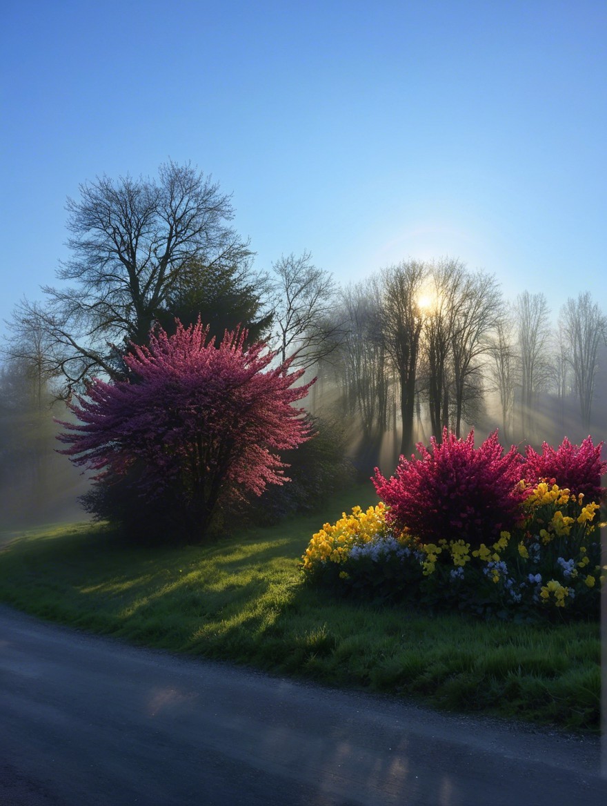 Serene Landscape with Vibrant Blooms and Mist