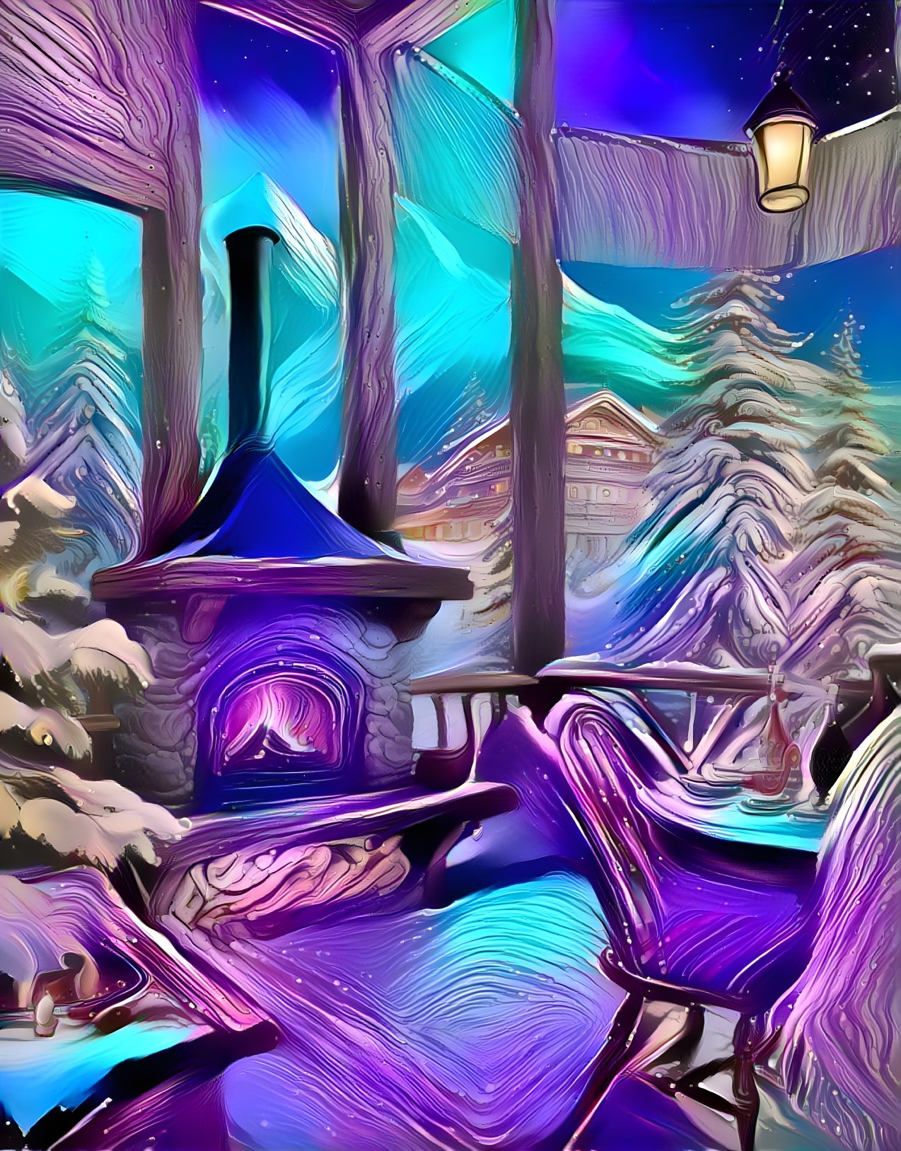 Cozy Winter Scene with Fireplace and Snowy Landscape
