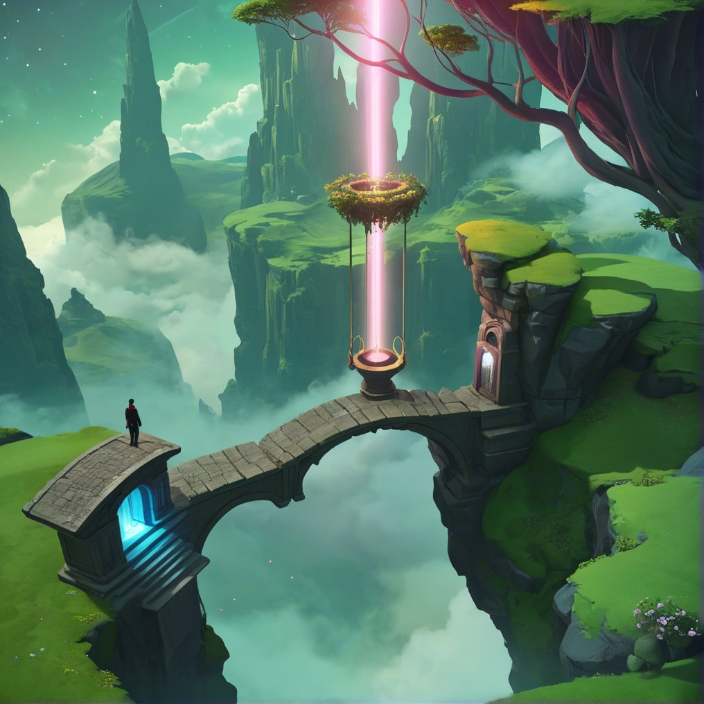 Surreal Landscape with Majestic Bridge and Light Beam