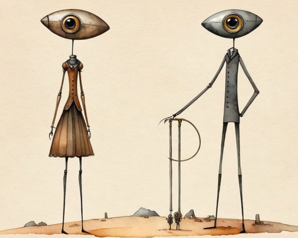 Whimsical Characters with Oversized Eyes in Minimalist Scene