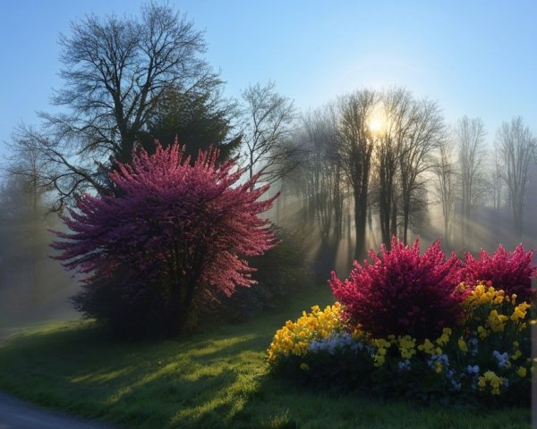 Serene Landscape with Vibrant Blooms and Mist