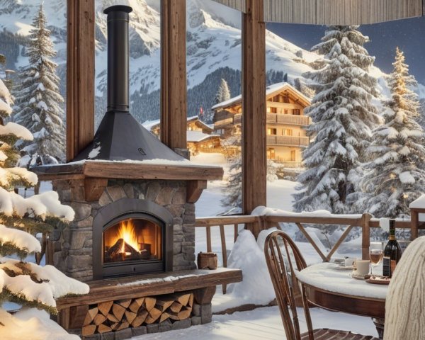 Cozy Modern Cabin Interior with Stone Fireplace