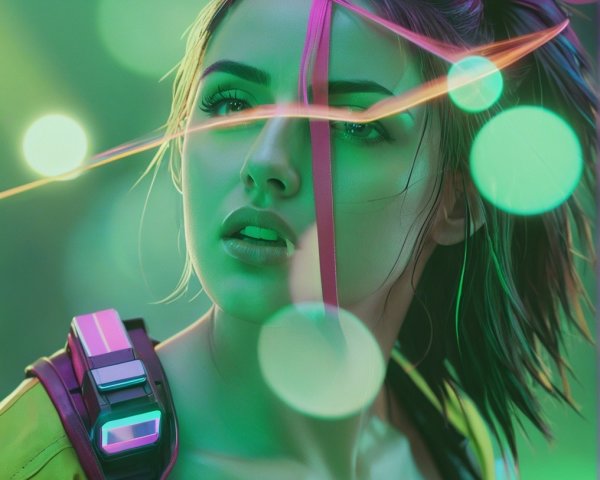 Futuristic portrait of a young woman with colored lighting