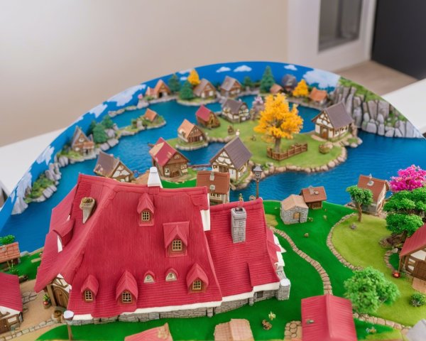 Miniature Landscape with Colorful Village and River