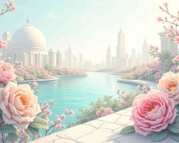 Tranquil River with Pink Roses and Urban Skyline