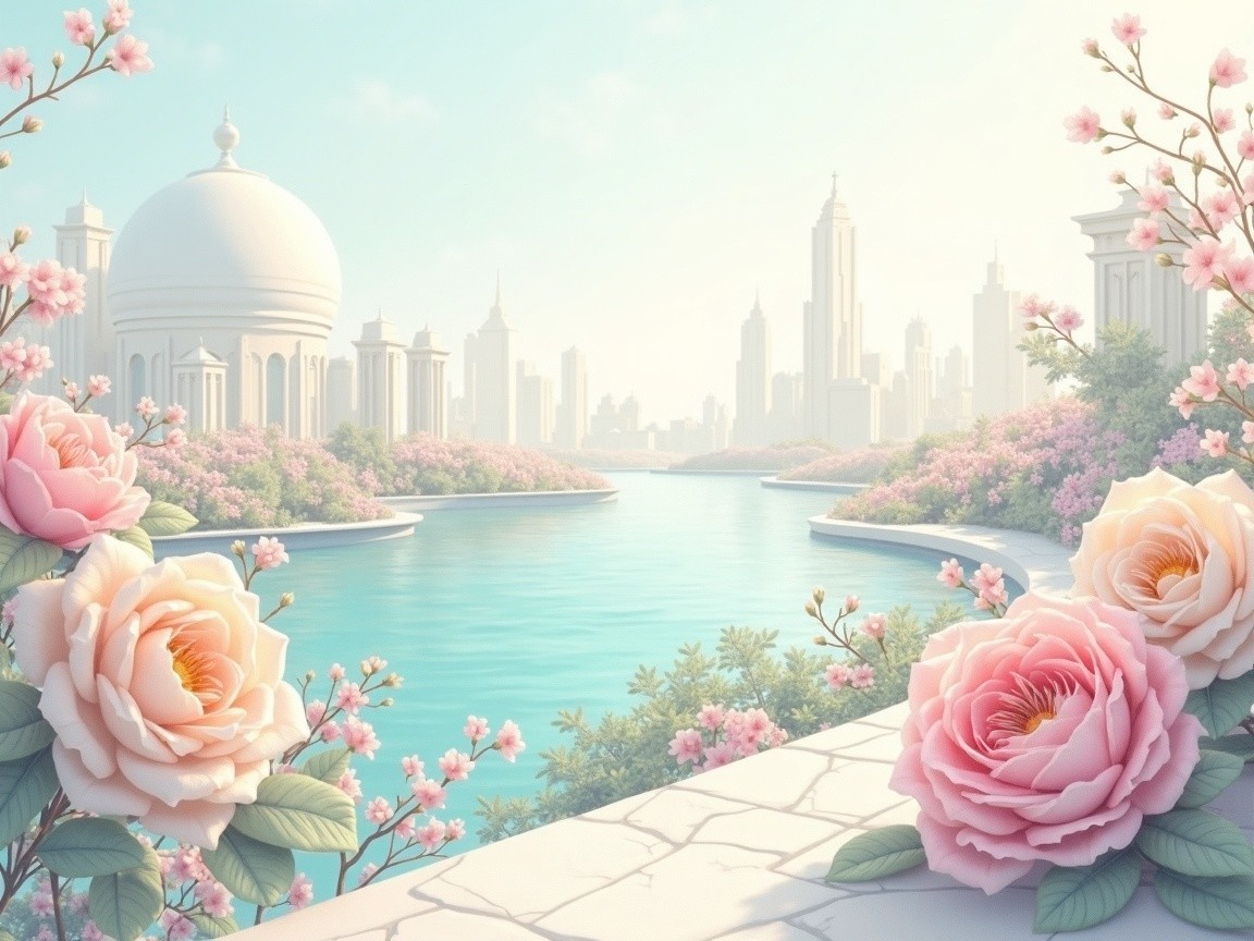 Tranquil River with Pink Roses and Urban Skyline