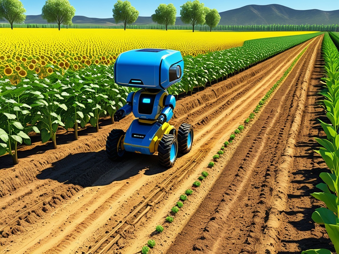 Futuristic Robot Navigating Vibrant Farm Landscape