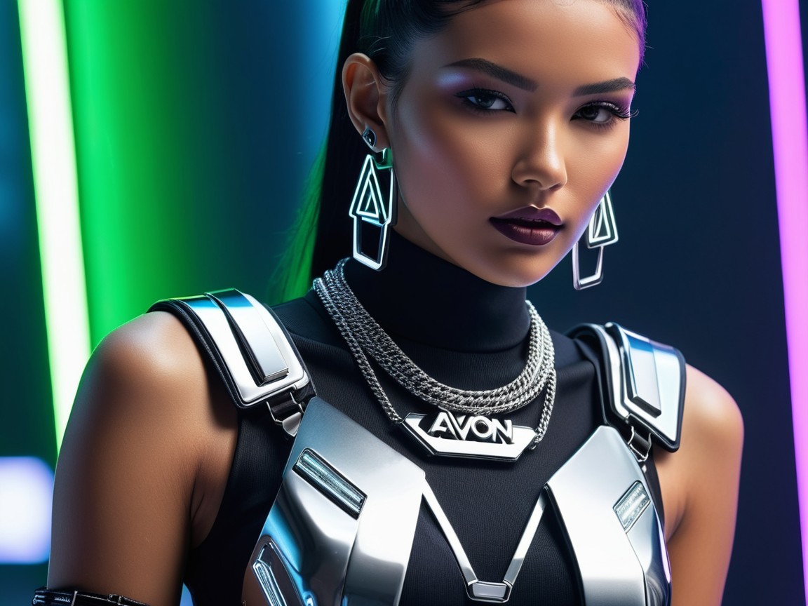 Futuristic Model in Metallic Armor with Neon Background