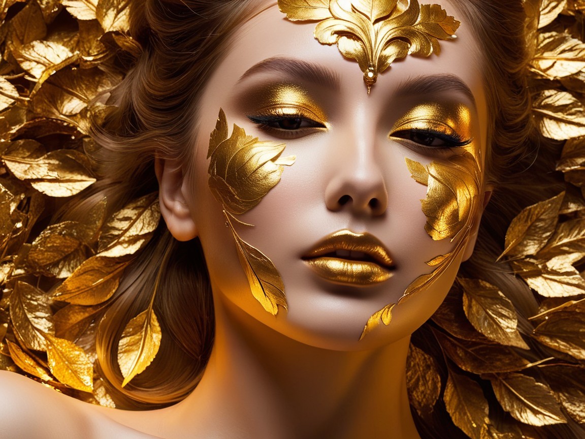 Close-up of a model with golden makeup and leaves