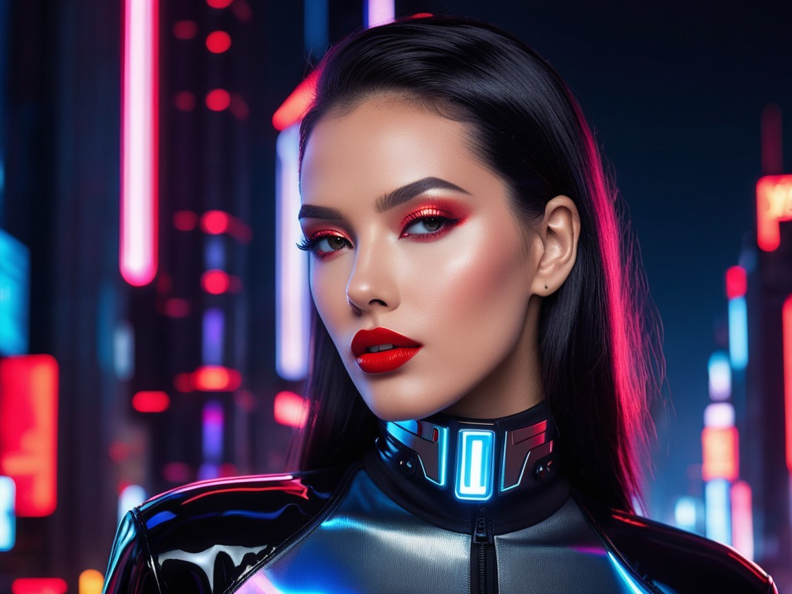 Portrait of a Woman in Futuristic Neon Cityscape