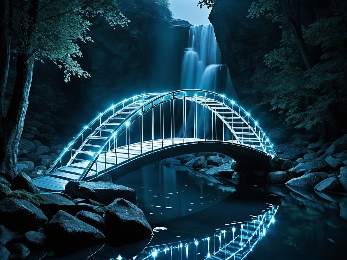 Futuristic Bridge Over Tranquil Pond and Waterfall