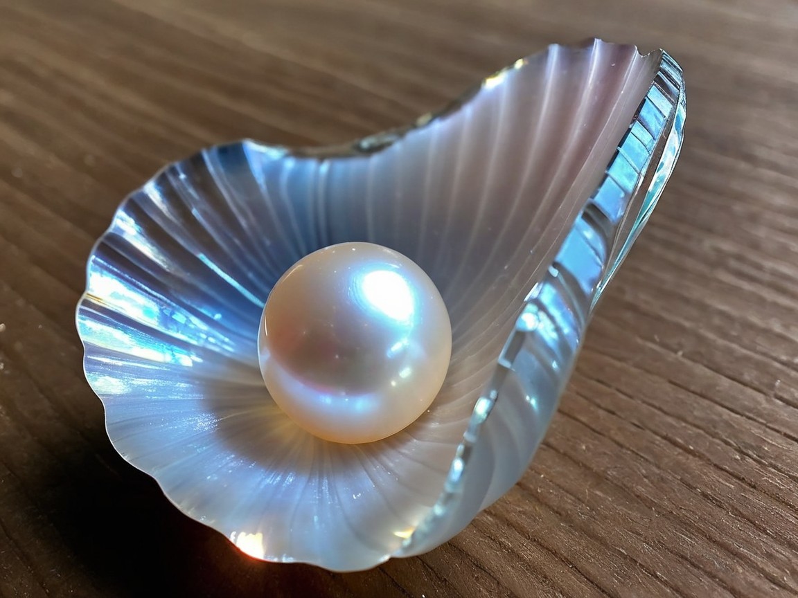 Iridescent Seashell with Pearl on Wooden Surface