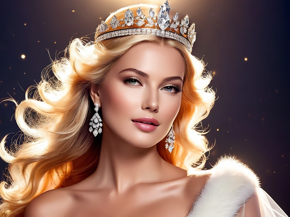 Glamorous Woman in Crown and Luxurious Fur Wrap