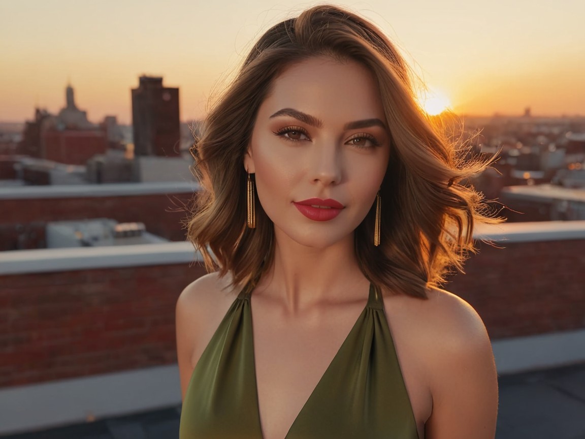 Woman in Green Dress on Rooftop at Sunset