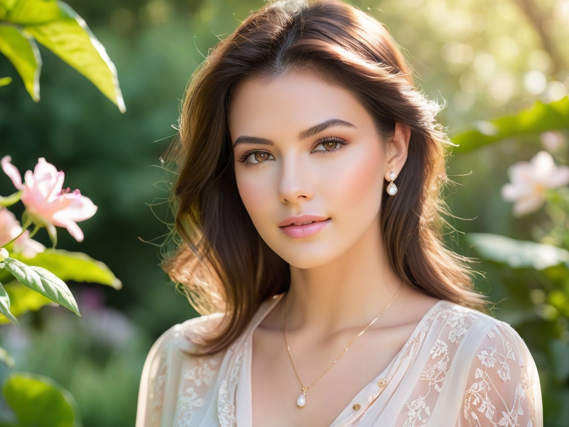 Young Woman Posed Elegantly Among Blooming Flowers