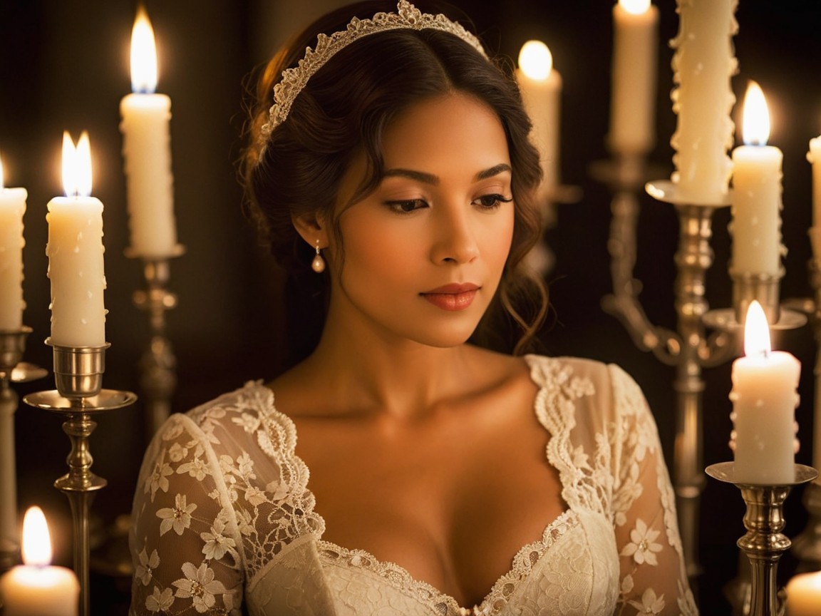 Serene Bride in Elegant Lace Gown with Candlelight
