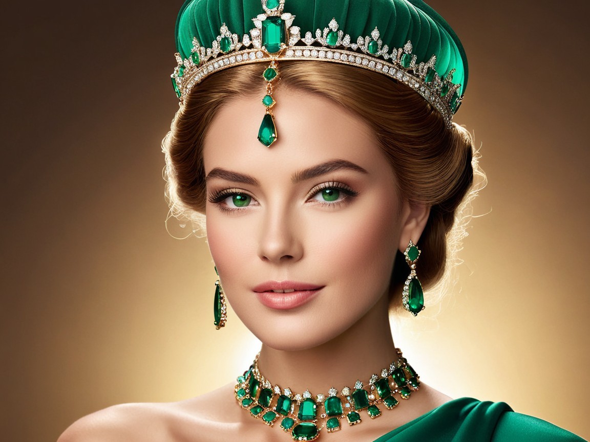Elegant woman with emerald crown and matching jewelry