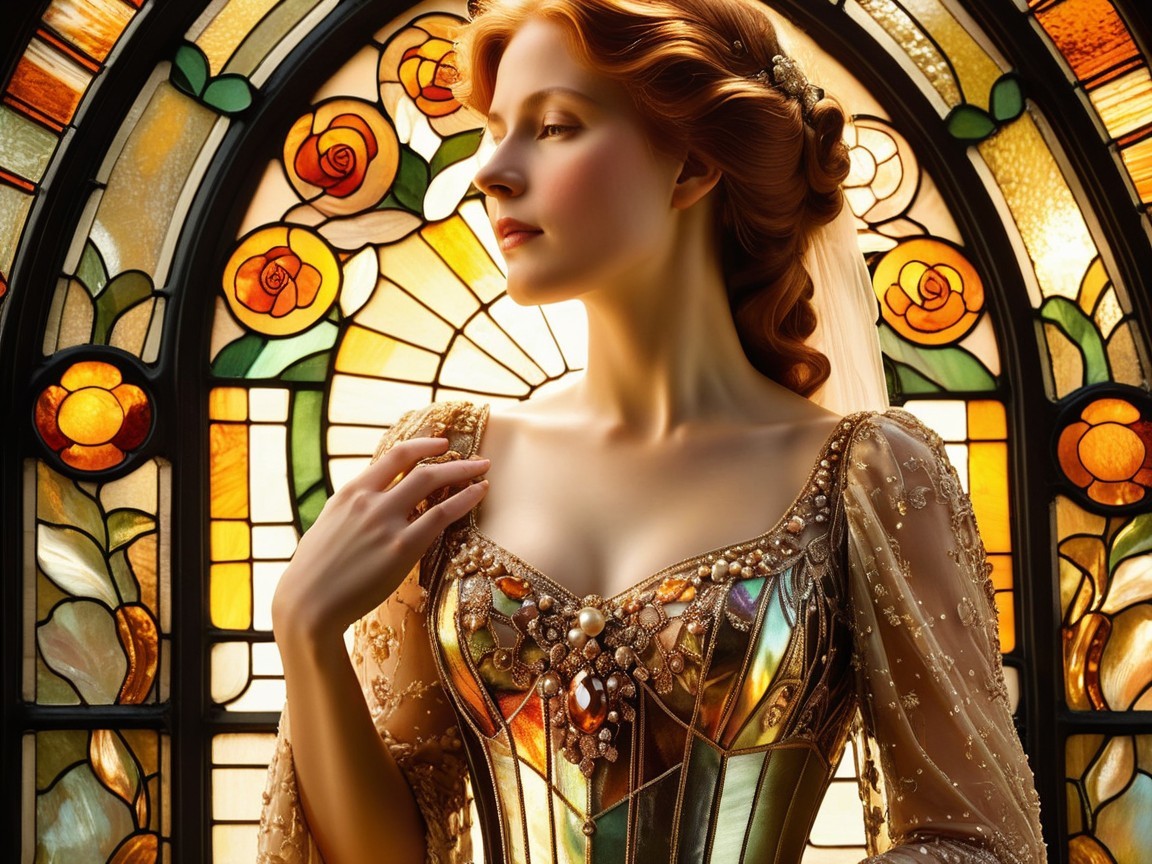 Young woman in vintage gown by stained glass window