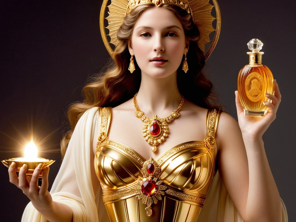 Majestic Woman in Gold Attire with Oil Lamp and Perfume