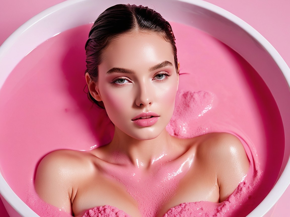 Woman in pink liquid with glowing skin and soft setting