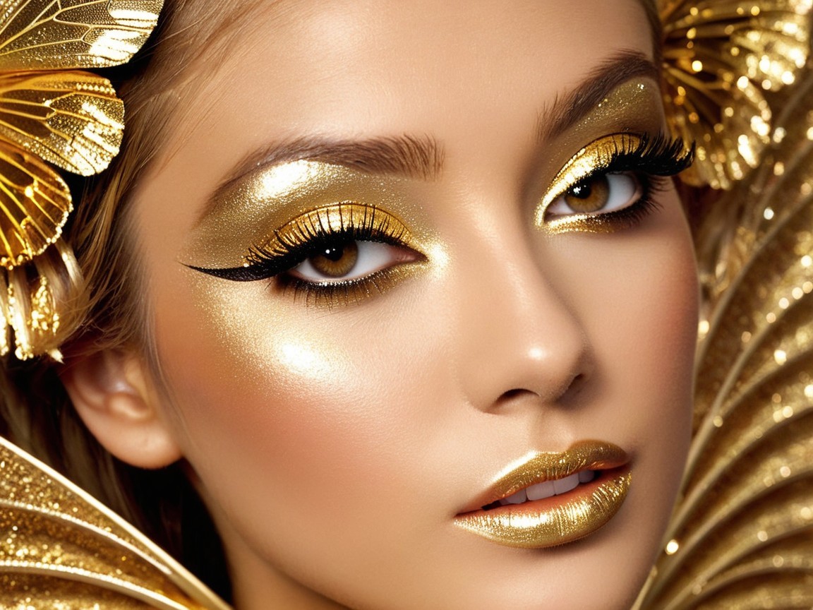Glamorous Close-Up of Model with Gold Makeup Details