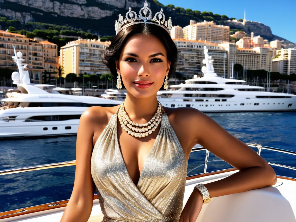 Glamorous Woman in Gold Dress on Luxury Yacht in Monaco