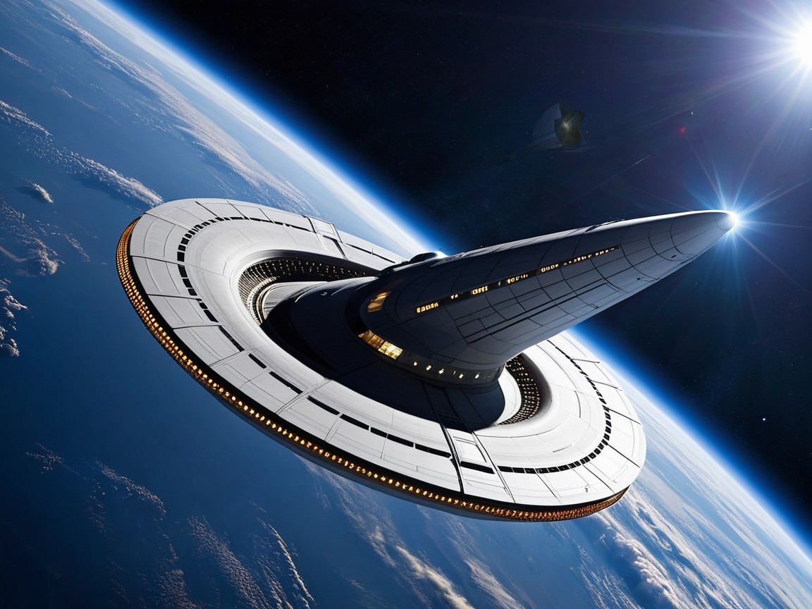 Futuristic spacecraft hovering over illuminated Earth