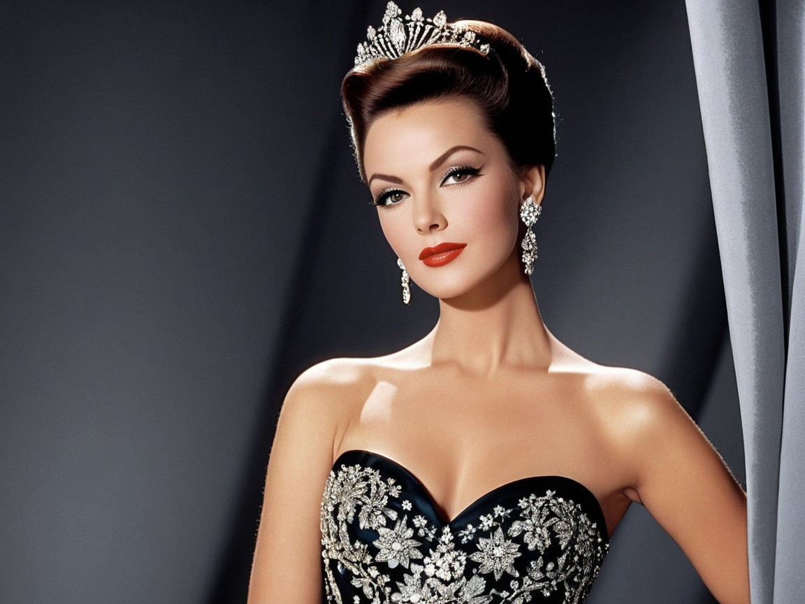 Glamorous Woman in Black Strapless Gown and Tiara