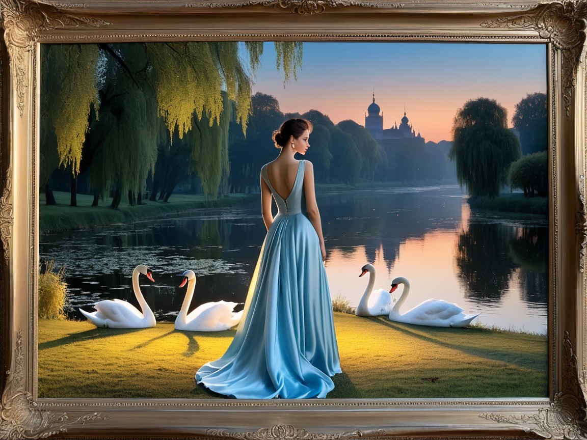 Serene Scene with Woman by Tranquil River and Swans