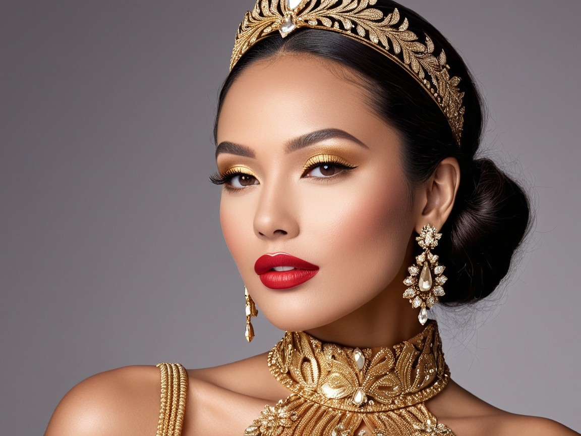 Stunning Model with Bold Makeup and Regal Attire