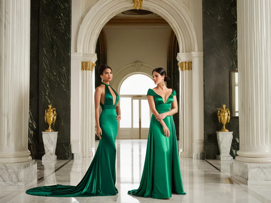 Elegant Women in Green Gowns in Grand Hall