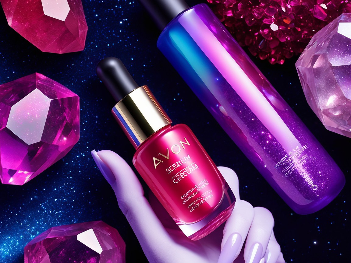 Elegant Pink Serum Bottle with Gems and Cosmic Background