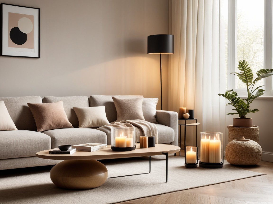 Cozy living room with light sofa and natural decor