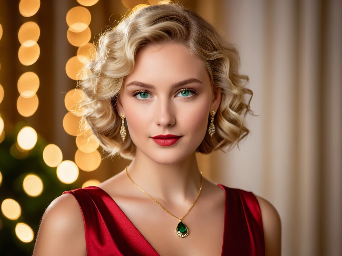 Glamorous Woman in Red Dress with Emerald Jewelry
