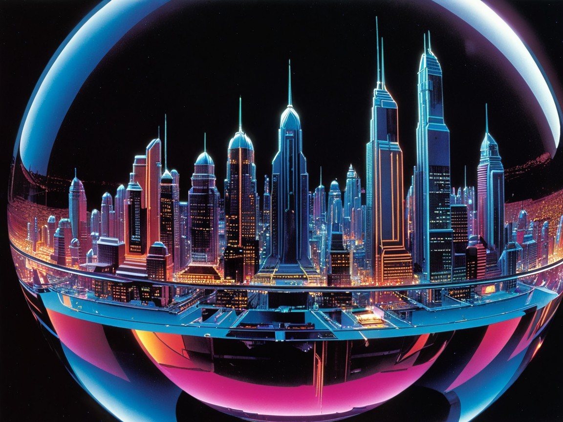 Futuristic city skyline with neon lights and dome