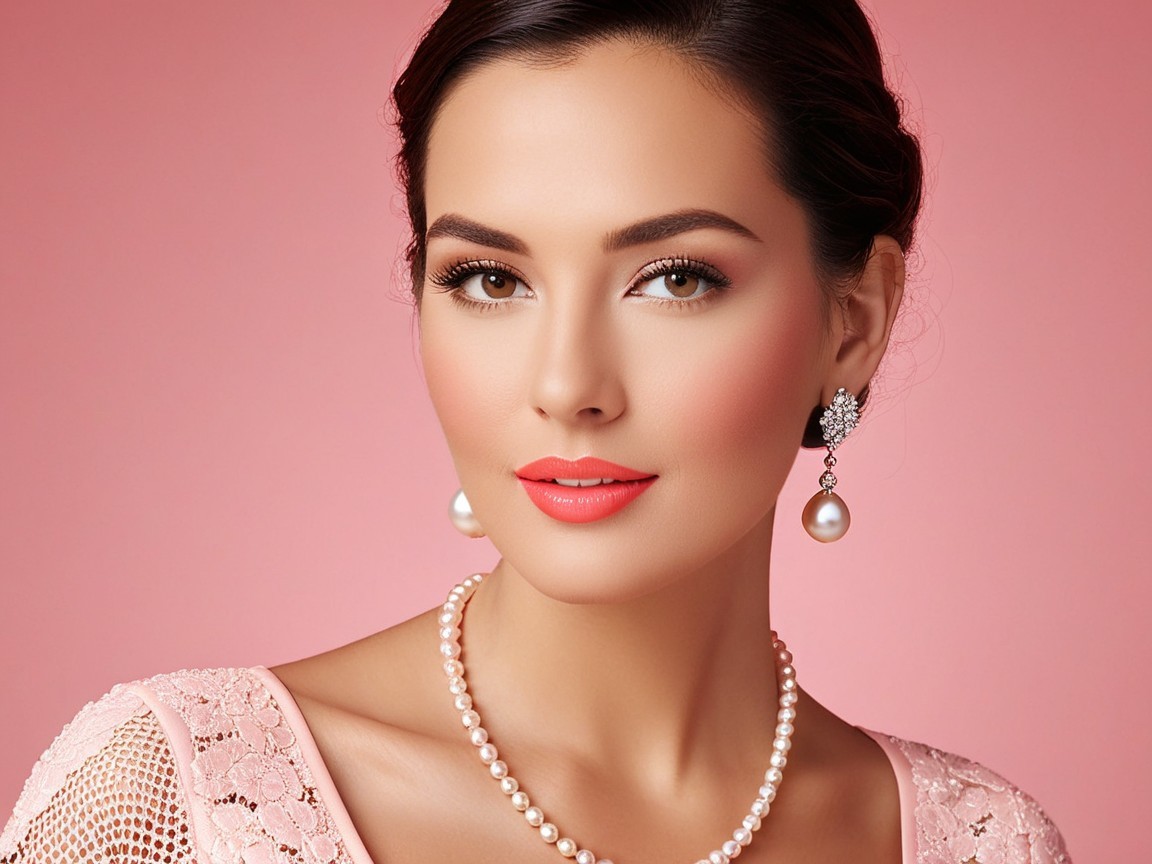 Elegant Woman with Flawless Makeup Against Pink Backdrop