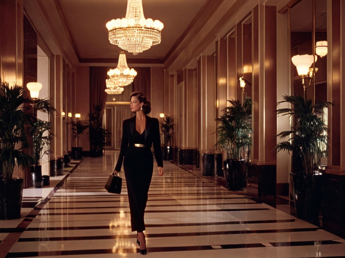 Stylish Woman in Elegant Corridor with Chandeliers