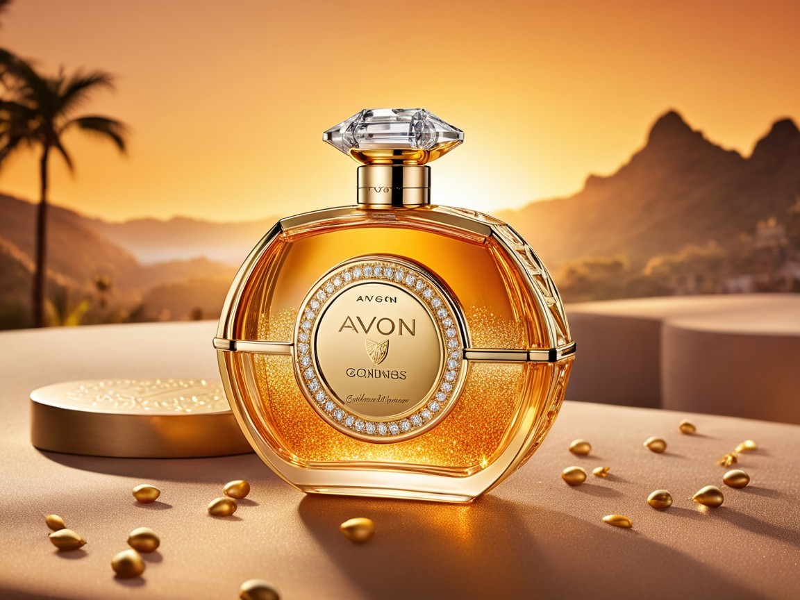 Elegant Avon Perfume Bottle with Sunset Background