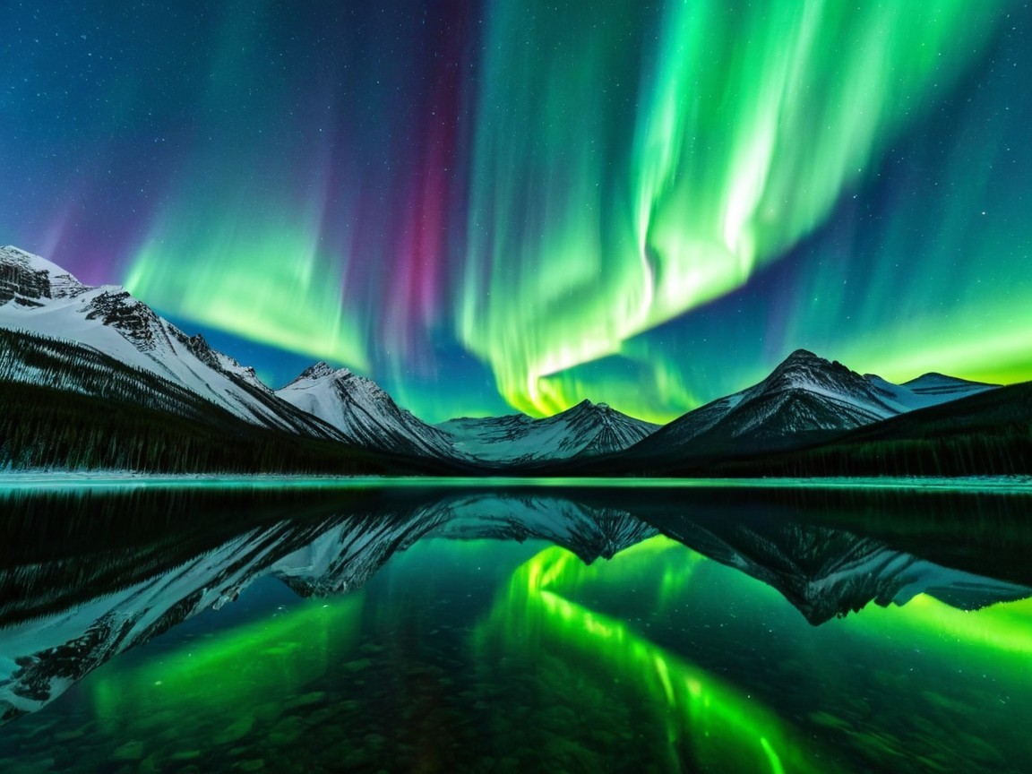 Northern Lights Over a Serene Lake and Mountains